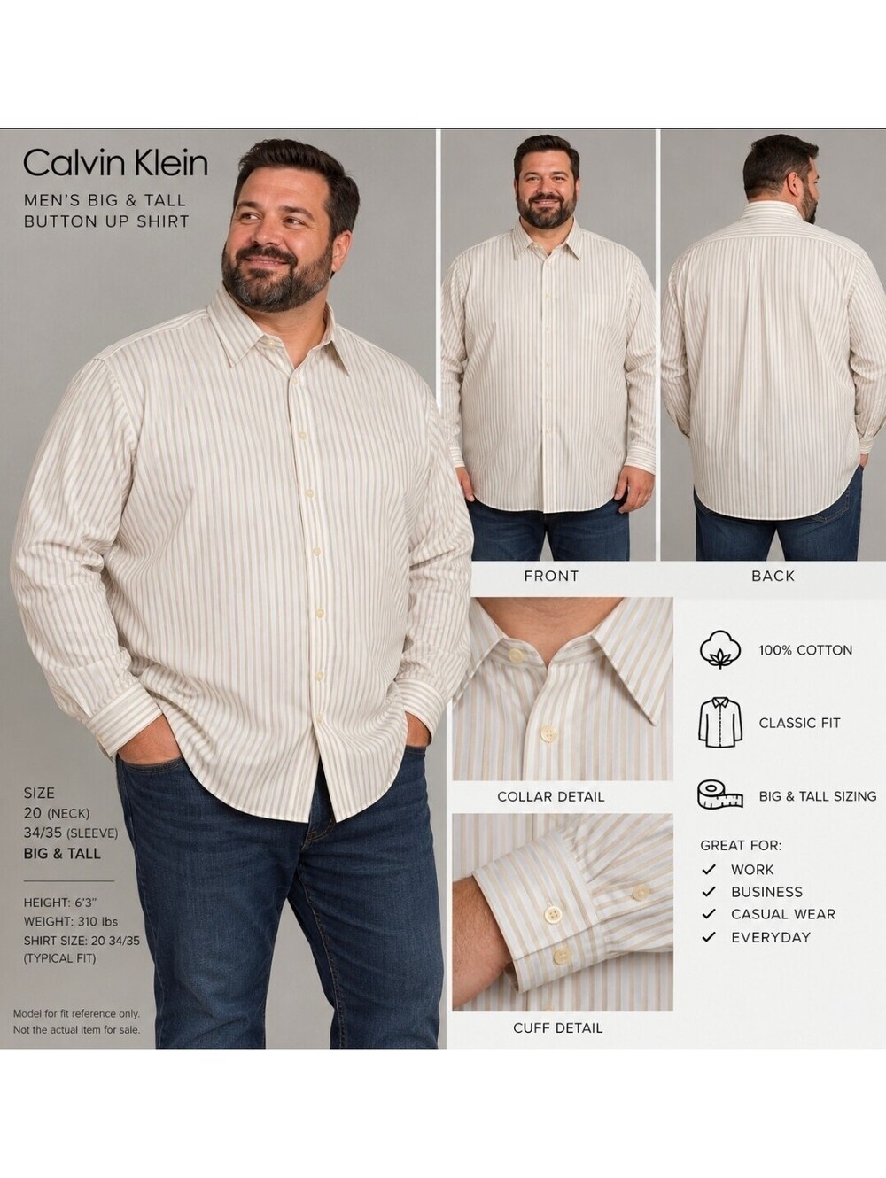 Calvin Klein Big & Tall Men’s 20 34/35 Striped Button Down Shirt 100% Cotton